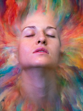 Onun Dünya serisi. Kadın portre konusu duygular, duygular, iç dünya, yaratıcılık ve hayal gücü için canlı boya ile erimiş grafik bileşimi