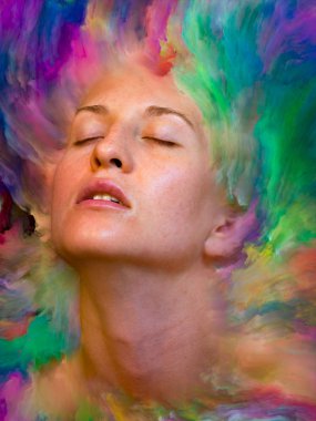 Dünya serisi. Duygular, duygular, iç dünya, yaratıcılık ve hayal gücü üzerine çalışmalar için kadın portresinin canlı boya ile kaynaşmış görsel olarak memnun edici bileşimi