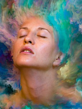 Dünya serisi. Duygular, duygular, iç dünya, yaratıcılık ve hayal gücü üzerine çalışmalar için kadın portresinin canlı boya ile kaynaşmış görsel olarak memnun edici bileşimi
