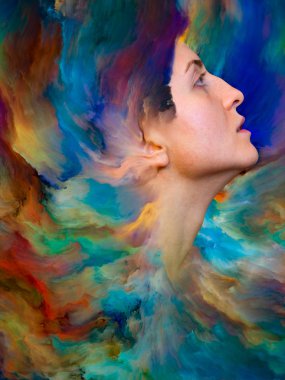 Onun Dünya serisi. Kadın portre konu duygular, duygular, iç dünya, yaratıcılık ve hayal gücü üzerinde canlı boya ile erimiş sanatsal soyutlama oluşan