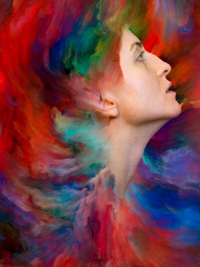 Onun Dünya serisi. Kadın portre konu duygular, duygular, iç dünya, yaratıcılık ve hayal gücü üzerinde canlı boya ile erimiş sanatsal soyutlama oluşan