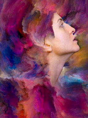 Onun Dünya serisi. Duygular, duygular, iç dünya, yaratıcılık ve hayal gücü projelerde kullanmak için canlı boya ile kadın portresi oluşan zemin erimiş