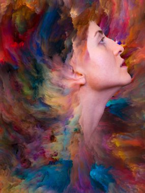Onun Dünya serisi. Duygular, duygular, iç dünya, yaratıcılık ve hayal gücü projelerde kullanmak için canlı boya ile kadın portresi oluşan zemin erimiş