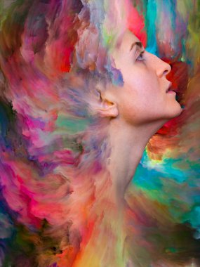 Onun Dünya serisi. Duygular, duygular, iç dünya, yaratıcılık ve hayal gücü projelerde kullanılmak üzere canlı boya ile kadın portresi yapılan sanatsal arka plan erimiş