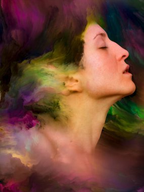 Onun Dünya serisi. Mecazi ilişki duygular, duygular, iç dünya, yaratıcılık ve hayal gücü ile canlı boya ile kadın portre bileşimi erimiş