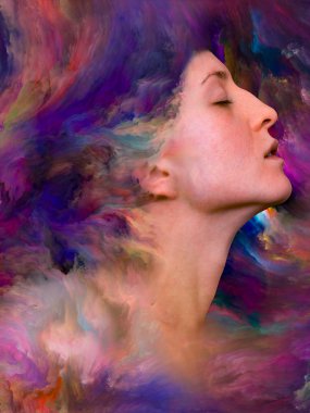 Onun Dünya serisi. Mecazi ilişki duygular, duygular, iç dünya, yaratıcılık ve hayal gücü ile canlı boya ile kadın portre bileşimi erimiş