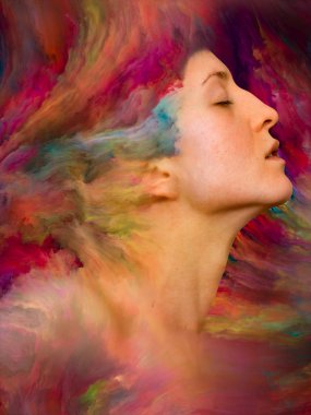 Onun Dünya serisi. Mecazi ilişki duygular, duygular, iç dünya, yaratıcılık ve hayal gücü ile canlı boya ile kadın portre bileşimi erimiş