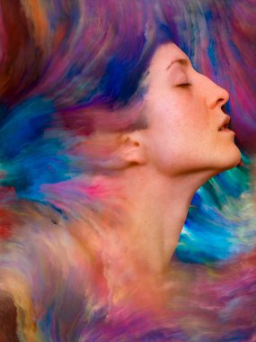 Dünya serisi. Duygular, duygular, iç dünya, yaratıcılık ve hayal gücü konularında bir metafor olarak kadın portresinin canlı resimlerle kaynaşmış yaratıcı düzenlemesi.