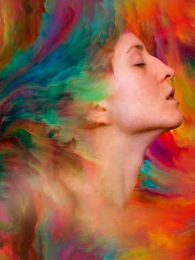 Dünya serisi. Duygular, duygular, iç dünya, yaratıcılık ve hayal gücü konularında bir metafor olarak kadın portresinin canlı resimlerle kaynaşmış yaratıcı düzenlemesi.