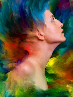 Onun Dünya serisi. Tasarım projeleri için fon olarak hizmet verecek kadın portre ile canlı boya erimiş yapılmış duygular, duygular, iç dünya, yaratıcılık ve hayal gücü ile ilgili