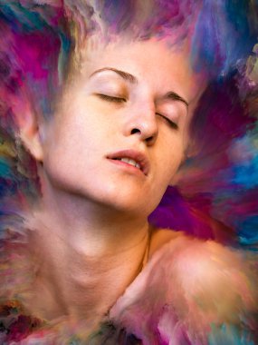 Dünya serisi. Duygular, duygular, iç dünya, yaratıcılık ve hayal gücü konularında kadın portresiyle birleştirilmiş soyut tasarım.