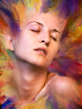 Dünya serisi. Duygular, duygular, iç dünya, yaratıcılık ve hayal gücü konularında kadın portresiyle birleştirilmiş soyut tasarım.