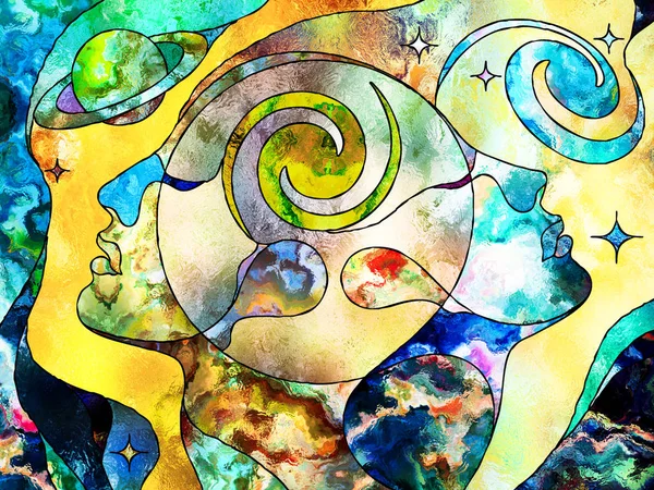 Stained Glass Forever series. Soul mate heads looking up, surrounded by colorful patterns and symbols of the Universe on the subject of knowledge, internal reality and mutual unity.