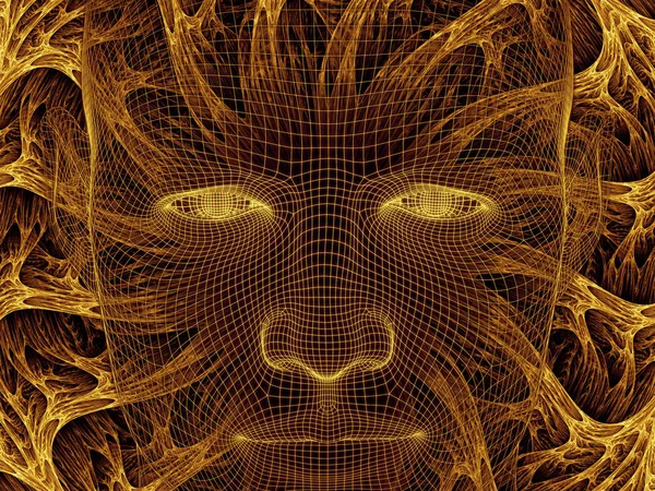 Radiating Mind series. 3D rendering design of wire-mesh model of human head and fractal pattern on the subject of human mind, artificial intelligence and virtual reality