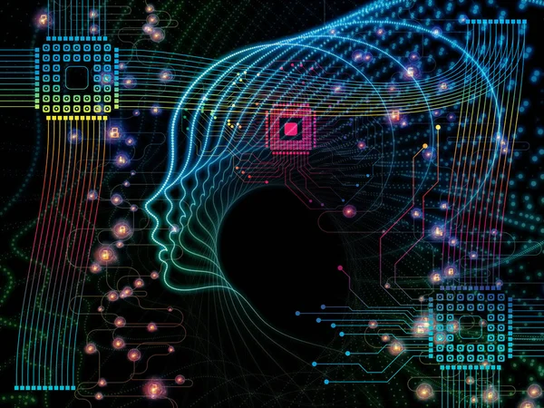 CPU Mind series. Background design of human face silhouette and technology symbols on the subject of computer science, artificial intelligence and communications