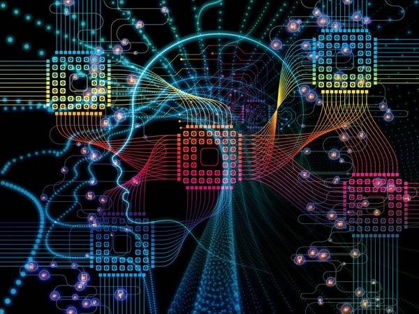 CPU zihin serisi. Bilgisayar bilimi, yapay zeka ve iletişim konusunda insan yüzü siluet ve teknoloji sembollerin sanatsal soyutlama oluşur