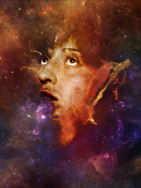 Will Universe Remember Us series. Composition of woman\'s face, nebula and stars on the subject of Universe, Nature, human mind and imagination