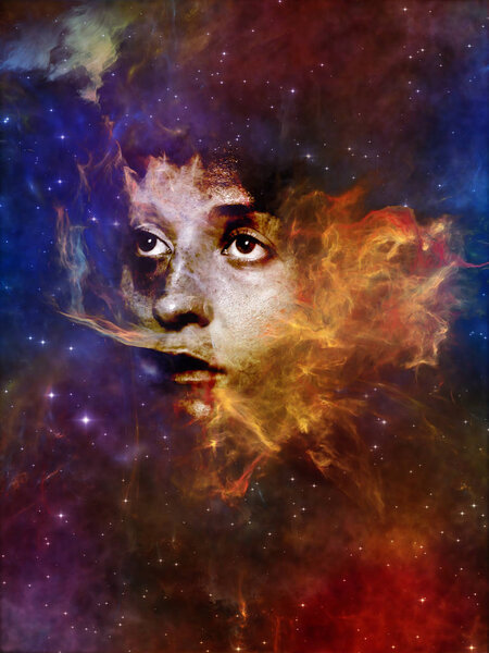 Will Universe Remember Us series. Abstract design made of woman's face, nebula and stars on the subject of Universe, Nature, human mind and imagination