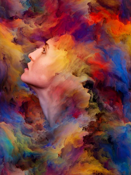 Woman\'s World series. Backdrop design of female portrait fused with vibrant paint for works on feelings, emotions, inner world, creativity and imagination