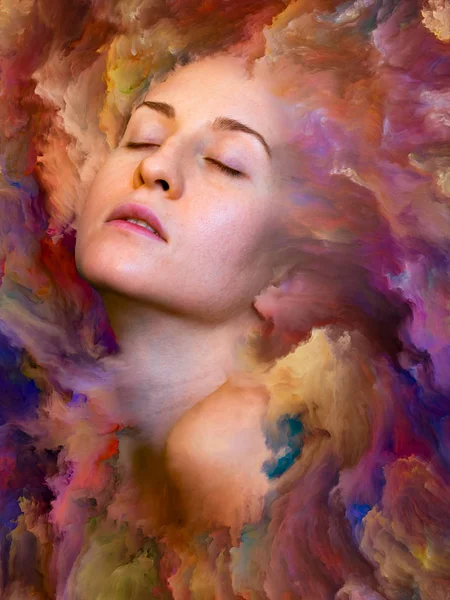 Her World series. Composition of female portrait fused with vibrant paint on the subject of feelings, emotions, inner world, creativity and imagination