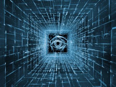 Dizi izliyor. simgesinin göz, hareket yollar ve fraktal desen uygun bir fon olarak bilgi teknolojisi, güvenlik, gizlilik, iletişim projeleri için 3D resmi