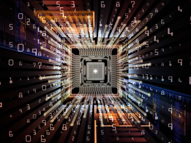 Makine serisi hesaplanıyor. Bilgisayar bilimi, dijital dünya, sanal gerçeklik ve modern teknoloji konularına perspektif olarak Fraktal ortama sahip üç boyutlu CPU çizimi