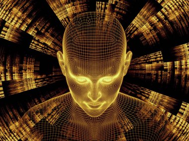 Zihin serisi yayılıyor. insan zihni, yapay zeka ve sanal gerçeklik konusunda bir metafor olarak insan baş ve fraktal desen Çelik hasır modelinin 3D render oluşur