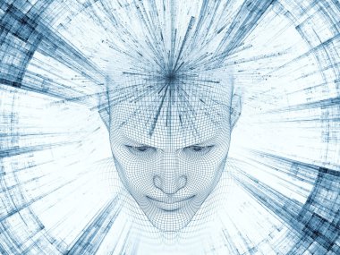 3D render - zihin alan serisi. Arka plan tasarım başkanı tel kafes yapay zeka, bilim ve teknoloji konusunda insan modeli ve fraktal patters