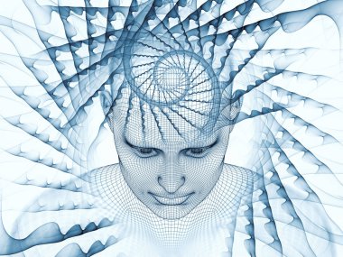 3D render - zihin alan serisi. Görsel olarak çekici zemin tel kafes insan modeli başkanı yaptı ve inşaat üstünde yapay zeka, bilim ve teknoloji için fraktal patters