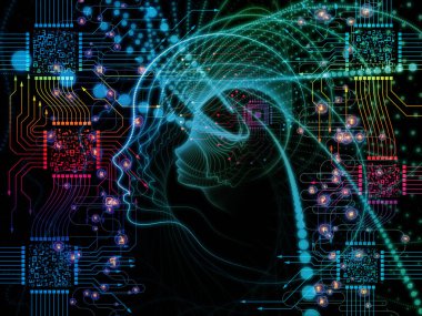 CPU zihin serisi. İnsan yüzü siluet ve teknoloji semboller yassı olup, bilgisayar bilimi, yapay zeka ve iletişim ile ilgili projeler soyut kompozisyon