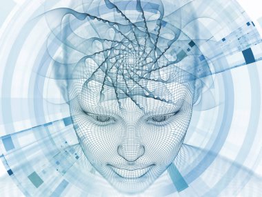 3D render - zihin alan serisi. Tel kafes insan modeli ve fraktal patters yapay zeka, bilim ve teknoloji projeleri için başkanı bileşimi