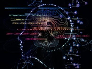 CPU zihin serisi. Bilgisayar bilimi, yapay zeka ve iletişim konusunda insan yüzü siluet ve teknoloji sembollerin fon