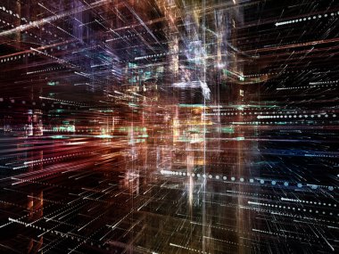 Sanal uzay serisi. Bilgi teknolojisi, bilgisayar ve iletişim konusunda perspektifte okları sembollerle yarı saydam 3B yapısının arka plan kompozisyon