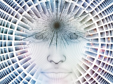 3D Renderleme Zihin Sahası serisi. Tel örgü insan modeli ve yapay zeka, bilim ve teknoloji üzerine fraktal paternlerden oluşan sanatsal soyutlama