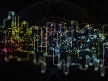 Bağlı dünya serisi. Ağ diyagramları, yüksek teknoloji semboller ve fraktal desenleri modern teknoloji, eğitim ve bilgisayar iletişim konusunda düzenleme
