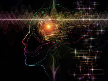 Dijital zihin serisi. Interplay bilgisayar bilimi, yapay zeka ve iletişim konusunda insan yüzü siluet ve teknoloji sembollerin