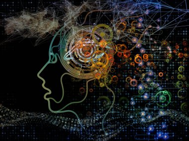 Dijital zihin serisi. Interplay bilgisayar bilimi, yapay zeka ve iletişim konusunda insan yüzü siluet ve teknoloji sembollerin