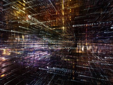 Sanal uzay serisi. Yarı saydam 3d yapısı bilgi teknolojisi, bilgisayar ve iletişim konusunda perspektif sembollerde okları ile sanatsal soyutlama oluşan