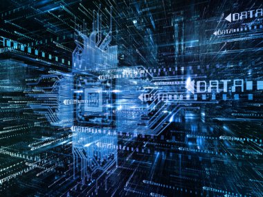 Sanal uzay serisi. 3d veri bulut bilgi teknolojisi, bilgisayar ve iletişim projeler için perspektif içinde Cpu simgesiyle bileşimi