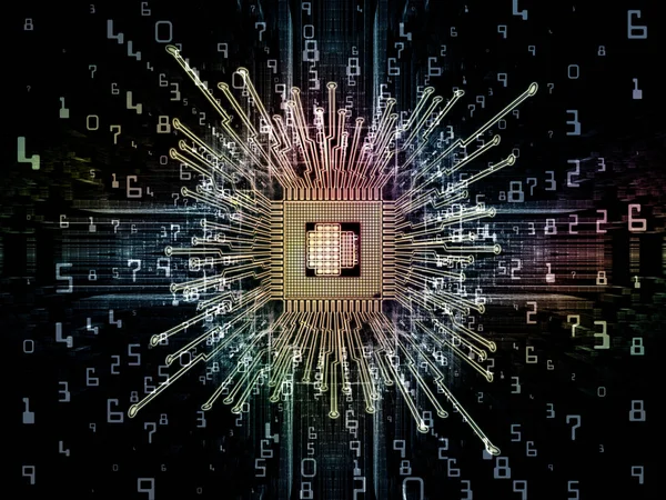 Computing Machine series. 3D illustration of  CPU with fractal environment in perspective on the subject of computer science, digital world, virtual reality and modern technology