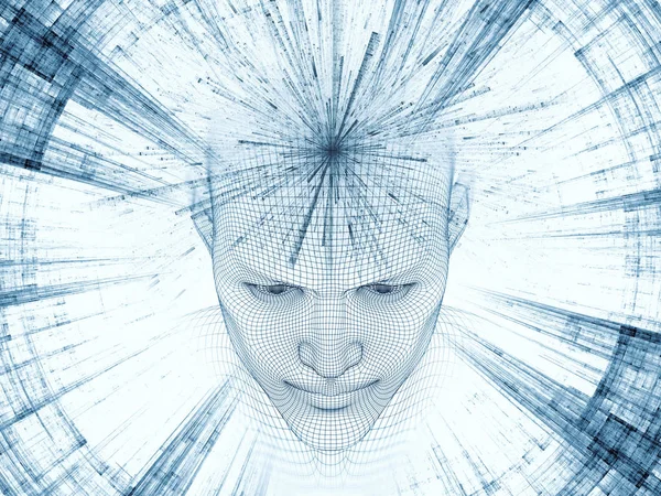 3D render - zihin alan serisi. Arka plan tasarım başkanı tel kafes yapay zeka, bilim ve teknoloji konusunda insan modeli ve fraktal patters