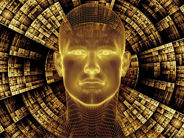 Radiating Mind series. 3D rendering composed of wire-mesh model of human head and fractal pattern as a metaphor on the subject of human mind, artificial intelligence and virtual reality