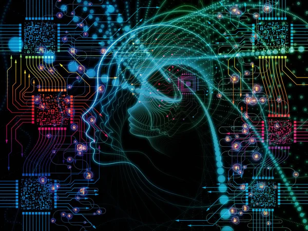 CPU zihin serisi. İnsan yüzü siluet ve teknoloji semboller yassı olup, bilgisayar bilimi, yapay zeka ve iletişim ile ilgili projeler soyut kompozisyon