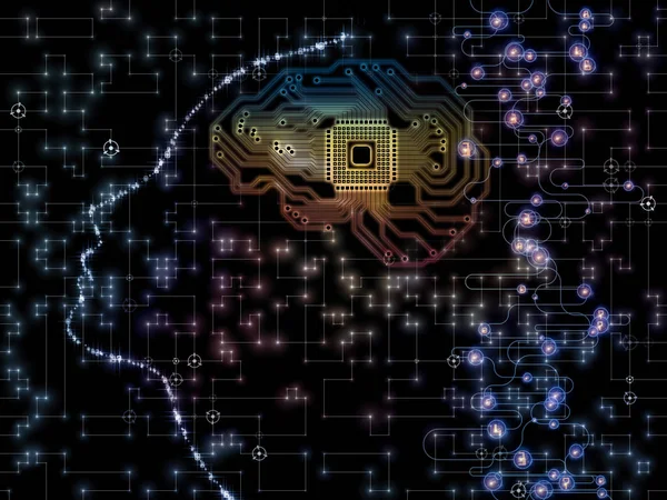 CPU zihin serisi. İnsan yüzü siluet ve teknoloji sembolleri bir fon olarak bilgisayar bilimi, yapay zeka ve iletişim projeler için uygun bileşimi