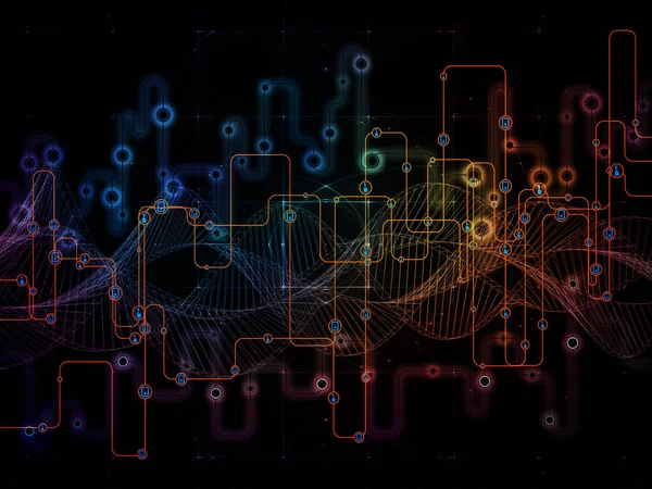 接続されているワールド シリーズ ネットワーク図 ハイテクの記号およびフラクタル パターンの構成と現代の技術 コンピューター通信のプロジェクトでの使用に適した背景 — ストック写真