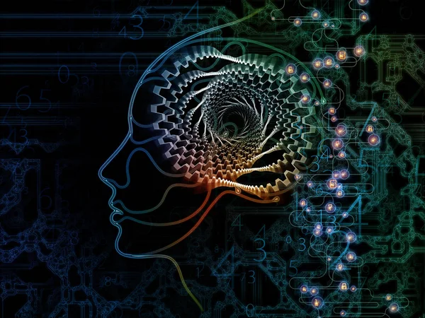 Digital Mind series. Backdrop composed of silhouette of human face and technology symbols and suitable for use in the projects on computer science, artificial intelligence and communications