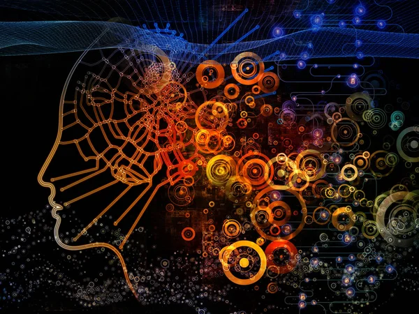 Dijital zihin serisi. İnsan yüzü ve teknoloji sembolleri inşaat üstünde bilgisayar bilimi, yapay zeka ve iletişim için silueti görsel açıdan hoş bileşimi