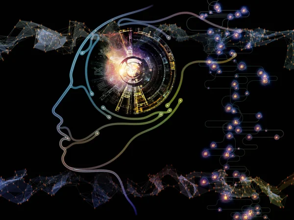 Digital Mind series. Creative arrangement of silhouette of human face and technology symbols as a concept metaphor on subject of computer science, artificial intelligence and communications