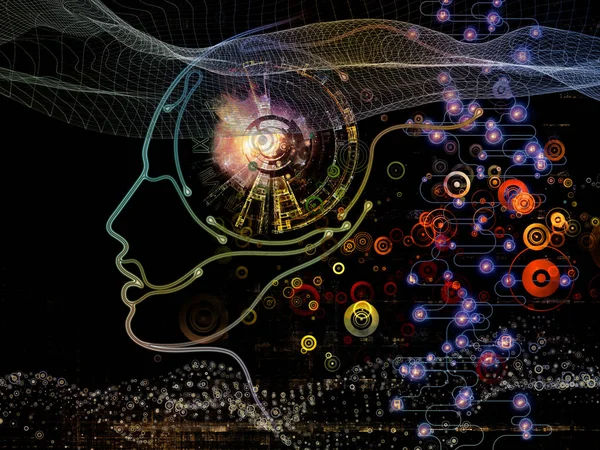 Digital Mind series. Creative arrangement of silhouette of human face and technology symbols as a concept metaphor on subject of computer science, artificial intelligence and communications