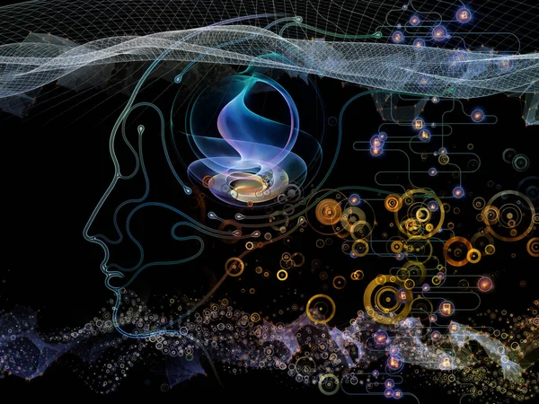 Digital Mind series. Creative arrangement of silhouette of human face and technology symbols as a concept metaphor on subject of computer science, artificial intelligence and communications